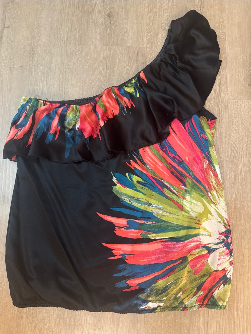HeartSoul One-Shoulder Ruffle Top - Black with Pink, Green & Blue Floral
